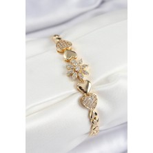 Ayder Timya Pirinç Zirkon Taşlı Kalp Detaylı Çiçek Model Gold Renk Kadın Bileklik - TJ-BB7527 TG/Tmya1395 223607