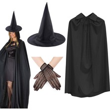 Ayder Timya 120 cm Siyah Yakalı Cadı Pelerini Cadı Şapkası ve 1 Çift Siyah Kısa File Tüm Eldiven Seti 3 Parça TG/Tmya1395 225907