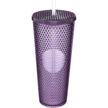 750 ml Kapaklı ve Pipetli Soğuk Içecek Bardağı – Mor Kristal Desenli Seyahat Kupası, Termal Yapı, Buzlu Doku, Buzlu Kahve Smoothie Bardak Taşınabilir Yazlık Plastik Bardak (Mürdüm)