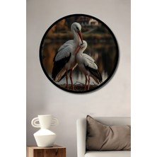 Petmudo AVM Leylek Aşk Yuvası Yağlı Boya Görünümlü Ahşap Tablo Yuvarlak Duvar Tablosu Çerçeve Görünümlü