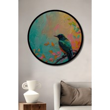 Petmudo AVM Renkli Kuş Detaylı Yağlı Boya Görünümlü Ahşap Tablo Yuvarlak Duvar Tablosu Çerçeve Görünümlü
