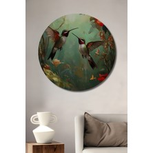 Petmudo AVM Muhteşem Sinek Kuşları ve Rengarenk Çiçekler Yağlı Boya Görünümlü Ahşap Tablo Yuvarlak Duvar Tablosu