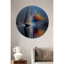 Petmudo AVM Ahşap Üzerine Yağlı Boya Görünüm Yelkenli ve Renkli Ağaç Soyut Sanat Ahşap Tablo Yuvarlak Tablo
