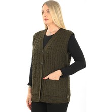 İKSUN Kadın V Yaka Kışlık Kalın Yün Zincir Modelli Triko Düğmeli Cepli Anne Yelek