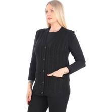 İKSUN Kadın V Yaka Kalın Yün Kaz Ayağı Modelli Triko Düğmeli Cepli Anne Yelek