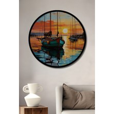 Petmudo AVM Körfezde Gün Batımı Yelkenlisi Yağlı Boya Görünüm Ahşap Tablo Yuvarlak Duvar Tablosu Çerçeve Görünüm