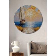 Petmudo AVM Yelkenli Tekne Manzarası Yağlı Boya Görünümlü Ahşap Dekoratif Tablo Yuvarlak Duvar Tablosu