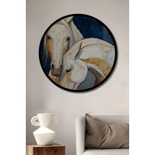 Petmudo AVM Beyaz Atlar Aşkı Yağlı Boya Görünümlü Ahşap Dekoratif Tablo Yuvarlak Duvar Tablosu Çerçeve Görünümlü