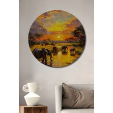 Petmudo AVM Afrika Gün Batımı Fil Sürüsü Yağlı Boya Görünümlü Ahşap Dekoratif Tablo Yuvarlak Duvar Tablosu
