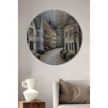 Petmudo AVM Sonbahar Sokağı Yağlı Boya Görünümlü Dekoratif Ahşap Tablo Yuvarlak Duvar Tablosu