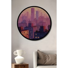 Petmudo AVM Gökyüzü Manzaralı Modern Şehir Yağlı Boya Görünüm Ahşap Tablo Yuvarlak Duvar Tablosu Çerçeve Görünüm