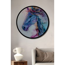 Petmudo AVM Mor ve Mavi At Yağlı Boya Görünümlü Dekoratif Ahşap Tablo Yuvarlak Duvar Tablosu Çerçeve Görünümlü