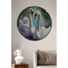 Petmudo AVM Aşkın Işığında Iki Beyaz Kuğu Sulu Boya Görünümlü Dekoratif Ahşap Tablo Yuvarlak Duvar Tablosu