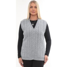 İKSUN Kadın V Yaka Kalın Yün Kaz Ayağı Modelli Triko Düğmeli Cepli Anne Yelek