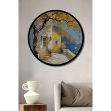 Petmudo AVM Altın Sarısı Deniz Kenarı Evi Yağlı Boya Görünüm Ahşap Tablo Yuvarlak Duvar Tablosu Çerçeve Görünüm