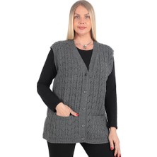 İKSUN Kadın V Yaka Kışlık Kalın Yün Zincir Modelli Triko Düğmeli Cepli Anne Yelek