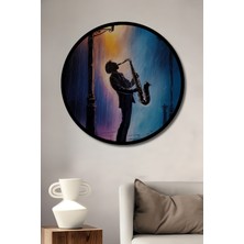 Petmudo AVM Yağlı Boya Görünümlü Saksafon Çalan Adam Ahşap Tablo Yuvarlak Duvar Tablosu Çerçeve Görünümlü