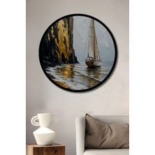 Petmudo AVM Altın Vurgulu Yelkenli Tekne Yağlı Boya Görünüm Ahşap Tablo Yuvarlak Duvar Tablosu Çerçeve Görünüm
