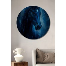 Petmudo AVM Karanlık Mavi At Yağlı Boya Görünümlü Modern Sanat Ahşap Tablo Yuvarlak Duvar Tablosu