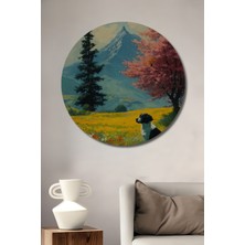 Petmudo AVM Büyülü Dağ Manzarası Eşliğinde Çiçek Tarlasında Oturan Köpek Ahşap Tablo Yuvarlak Tablo