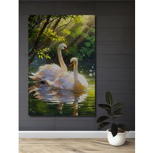 Petmudo AVM Büyülü Ormanda Aşk Seli Iki Kuğu Yağlı Boya Görünümlü Ahşap Dekoratif Ev,antre,salon,ofis Tablo