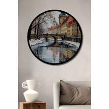 Petmudo AVM Buzlu Nehir Manzaralı Yağlı Boya Görünümlü Tablo Yuvarlak Duvar Tablosu Çerçeve Görünümlü