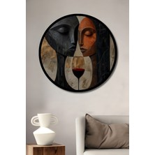 Petmudo AVM Çift Aşkı Kadeh Tablosu Yağlı Boya Görünümlü Ahşap Tablo Yuvarlak Duvar Tablosu Çerçeve Görünümlü