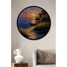 Petmudo AVM Gün Batımı Tekne Sahil Manzarası Yağlı Boya Görünümlü Ahşap Tablo Yuvarlak Tablo Çerçeve Görünümlü