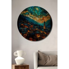 Petmudo AVM Masalsı Gece Şehri Yağlı Boya Görünümlü Ahşap Dekoratif Tablo Yuvarlak Duvar Tablosu