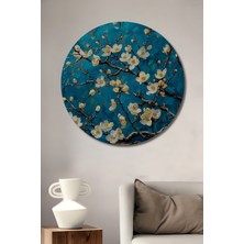 Petmudo AVM Mistik Mavilik Yağlı Boya Görünümlü Çiçek Dalı Dekoratif Ahşap Tablo Yuvarlak Duvar Tablosu