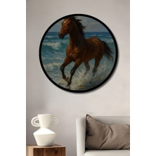 Petmudo AVM Sahilde Koşan Kahverengi At Yağlı Boya Görünüm Ahşap Tablo Yuvarlak Duvar Tablosu Çerçeve Görünüm
