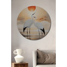 Petmudo AVM Büyük Kırmızı Güneş ve Iki Beyaz Turna Kuşu Yağlı Boya Görünümlü Ahşap Tablo Yuvarlak Duvar Tablosu