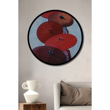 Petmudo AVM Kırmızı Şemsiye Yağlı Boya Görünümlü Ahşap Dekoratif Tablo Yuvarlak Duvar Tablosu Çerçeve Görünümlü
