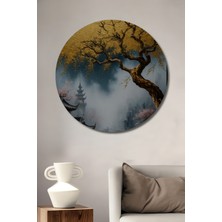 Petmudo AVM Altın Yapraklı Ağaç ve Geleneksel Japon Köyü Yağlı Boya Görünümlü Ahşap Tablo Yuvarlak Duvar Tablosu