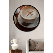 Petmudo AVM Uçak Temalı Kahve Bardağı Yağlı Boya Görünümlü Ahşap Tablo Yuvarlak Duvar Tablosu Çerçeve Görünümlü