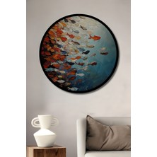 Petmudo AVM Sürüsüz Balık Sürüsü Yağlı Boya Görünümlü Ahşap Tablo Yuvarlak Duvar Tablosu Çerçeve Görünümlü