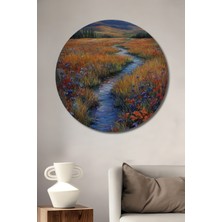 Petmudo AVM Bahar Çiçekleri Arasından Akan Dere Yağlı Boya Görünümlü Ahşap Tablo Yuvarlak Duvar Tablosu