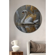 Petmudo AVM Altın Kanatlı Beyaz Kuğu Sulu Boya Görünümlü Dekoratif Ahşap Tablo Yuvarlak Duvar Tablosu