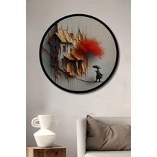 Petmudo AVM Soyut Yağlı Boya Görünümlü Ev ve Kadın Tablosu Yuvarlak Duvar Tablosu Çerçeve Görünümlü