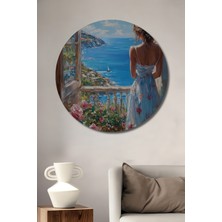 Petmudo AVM Sahilde Kadın Manzarası Yağlı Boya Görünümlü Ahşap Dekoratif Tablo Yuvarlak Duvar Tablosu