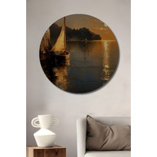 Petmudo AVM Gün Batımı Tekne Manzarası Yağlı Boya Görünümlü Dekoratif Ahşap Tablo Yuvarlak Duvar Tablosu