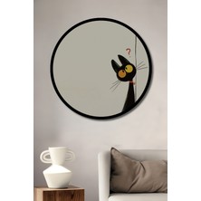 Petmudo AVM Sulu Boya Görünümlü Komik Kedi Tablosu Ahşap Tablo Yuvarlak Duvar Tablosu Çerçeve Görünümlü