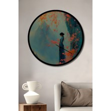 Petmudo AVM Genç Samuray Geyşa Kiraz Çiçekleri Yağlı Boya Görünümlü Ahşap Tablo Yuvarlak Tablo Çerçeve Görünümlü