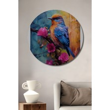Petmudo AVM Renkli Kuş ve Pembe Çiçekler Yağlı Boya Görünümlü Ahşap Dekoratif Tablo Yuvarlak Duvar Tablosu