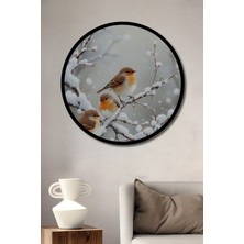 Petmudo AVM Kışın Şarkısı Kuşlar Yağlı Boya Görünümlü Ahşap Tablo Yuvarlak Duvar Tablosu Çerçeve Görünümlü