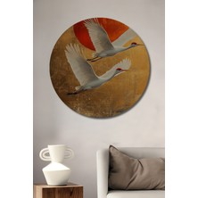 Petmudo AVM Sonsuz Uçuş Beyaz Turnalar Yağlı Boya Görünümlü Ahşap Dekoratif Tablo Yuvarlak Duvar Tablosu