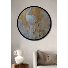 Petmudo AVM Altın Vurgulu Beyaz Tavus Kuşu Yağlı Boya Görünüm Ahşap Tablo Yuvarlak Duvar Tablosu Çerçeve Görünüm