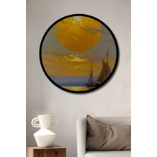 Petmudo AVM Altın Gün Batımı Yelkenliler Yağlı Boya Görünüm Ahşap Tablo Yuvarlak Duvar Tablosu Çerçeve Görünüm