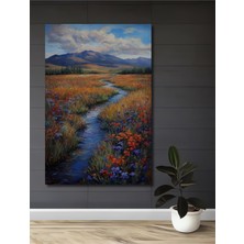 Petmudo AVM Bahar Çiçekleri Arasından Akan Dere Yağlı Boya Görünümlü Ahşap Dekoratif Ev,antre,salon,ofis Tablo