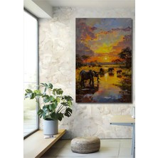 Petmudo AVM Afrika Gün Batımı Fil Sürüsü Yağlı Boya Görünümlü Ahşap Dekoratif Ev,antre,salon,ofis,mutfak Tablo